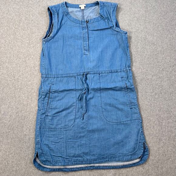 J Crew Sleeveless Chambray Mini Dress Womens Extra Small Blue Tie Waist Pockets - Picture 1 of 8